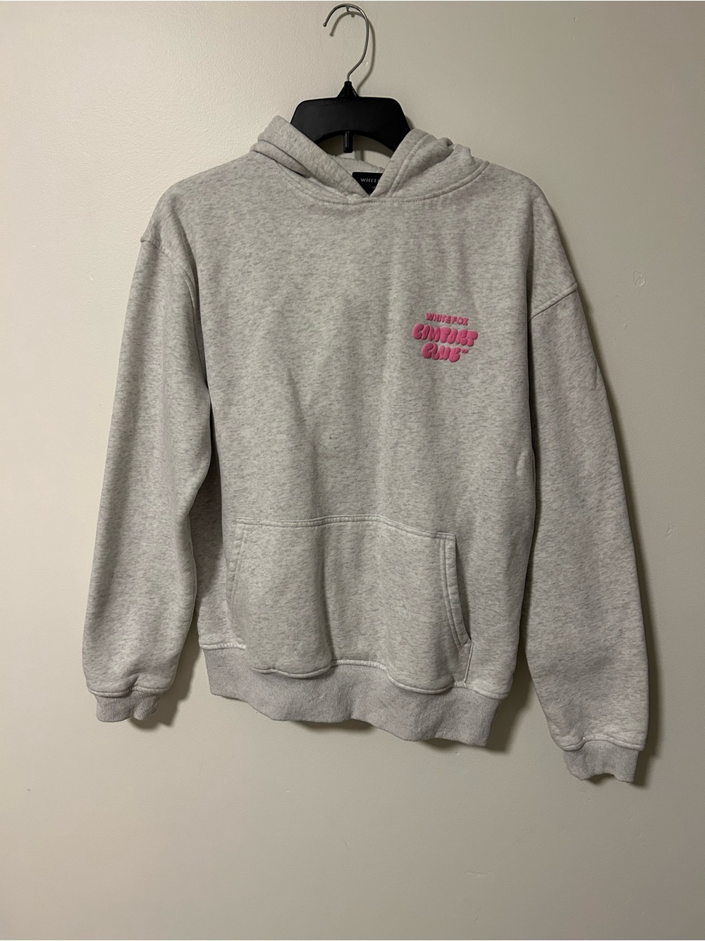White Fox Heather Gray Hoodie Sweatshirt with Pink Chest Graphic